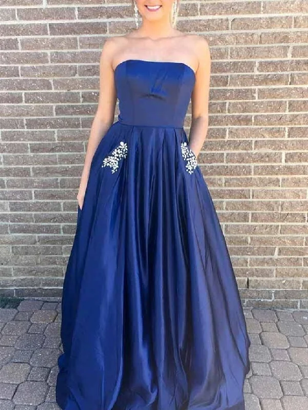 A-Line Strapless Blue Prom Dress with Beading Pockets, Green Formal Dress, Blue Evening Dress Metallic unclassified dresses