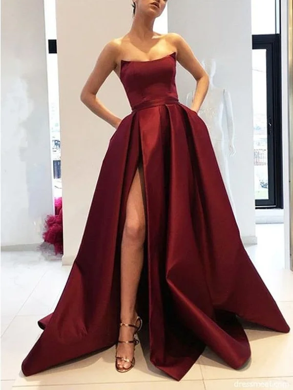 A Line Strapless High Slit Burgundy/Pink/Black Prom Dresses, High Slit Formal Dresses, Graduation Dresses Casual chic unclassified dresses