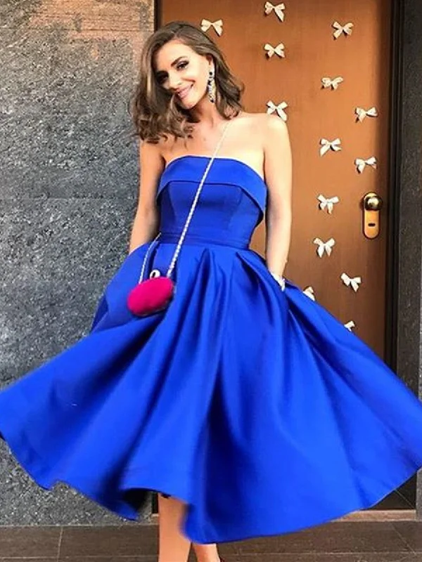 A Line Strapless Tea Length Royal Blue Satin Prom Dresses with Pockets, Royal Blue Homecoming Dresses, Formal Dresses, Evening Dresses Chiffon unclassified dresses