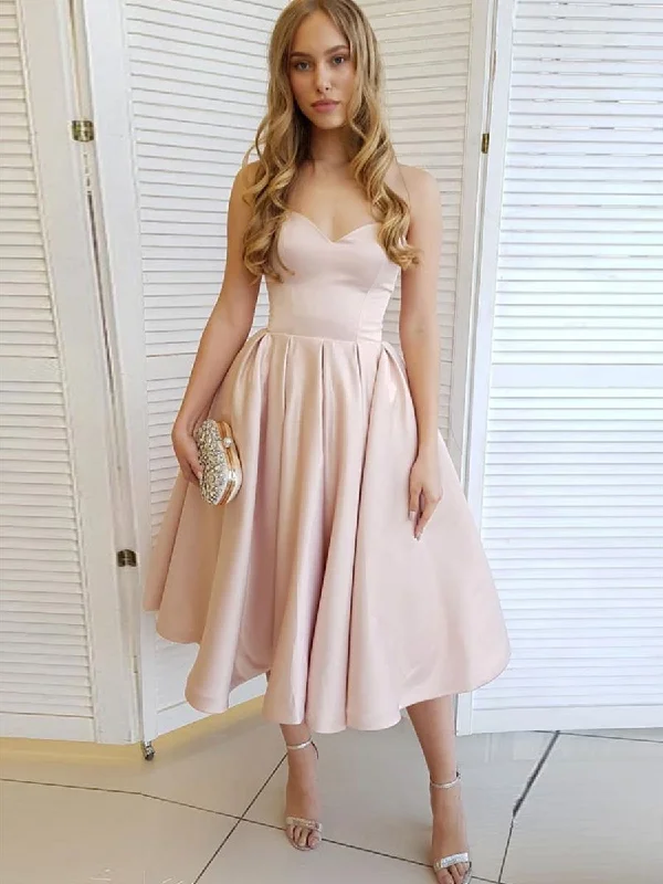 A Line Sweetheart Neck Strapless Tea Length Champagne Prom Dresses Homecoming Dresses, Strapless Pink Formal Graduation Evening Dresses Lightweight unclassified dresses