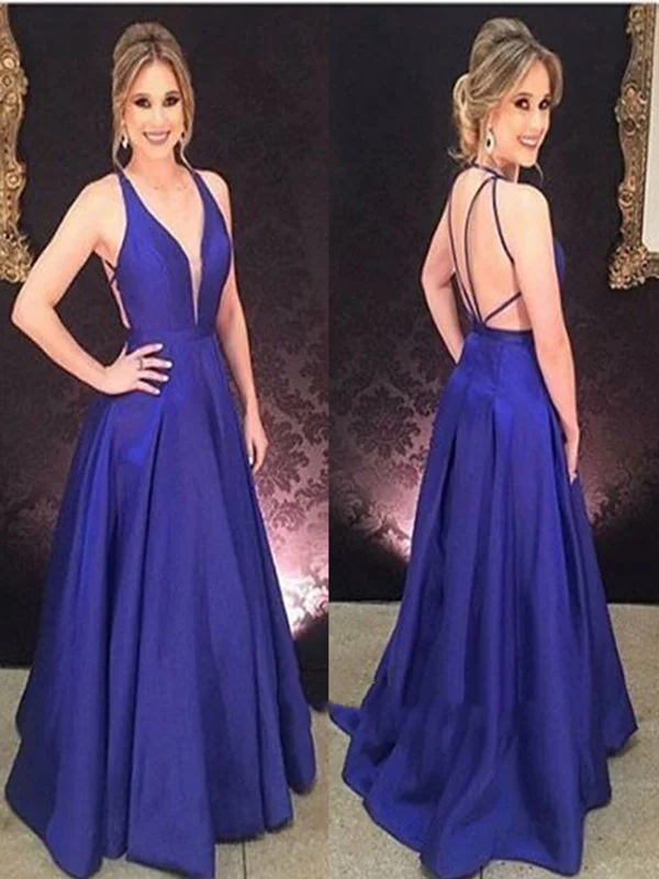 A Line V Neck Backless Royal Blue Prom Dress, Royal Blue Formal Dress, Backless Evening Dress Holiday unclassified dresses