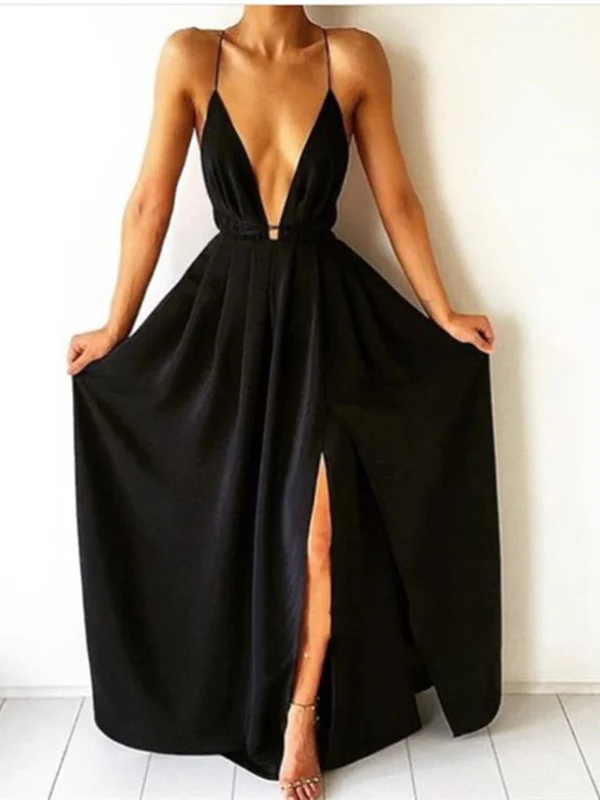 A Line V Neck Black Backless Prom Dresses, Black Backless Formal Dresses, Black Backless Bridesmaid Dresses Boho unclassified dresses