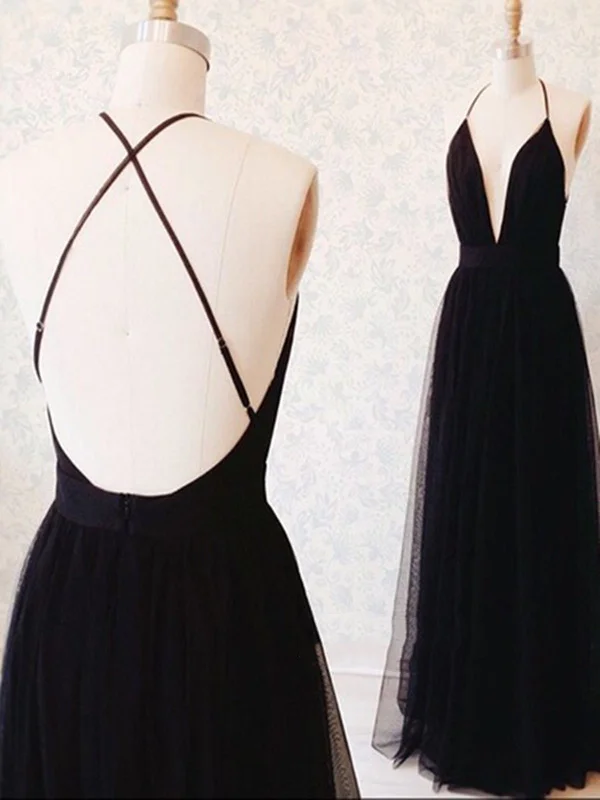 A Line V Neck Black Backless Prom Dresses, Black Backless Formal Dresses, Bridesmaid Dresses Off-shoulder unclassified dresses