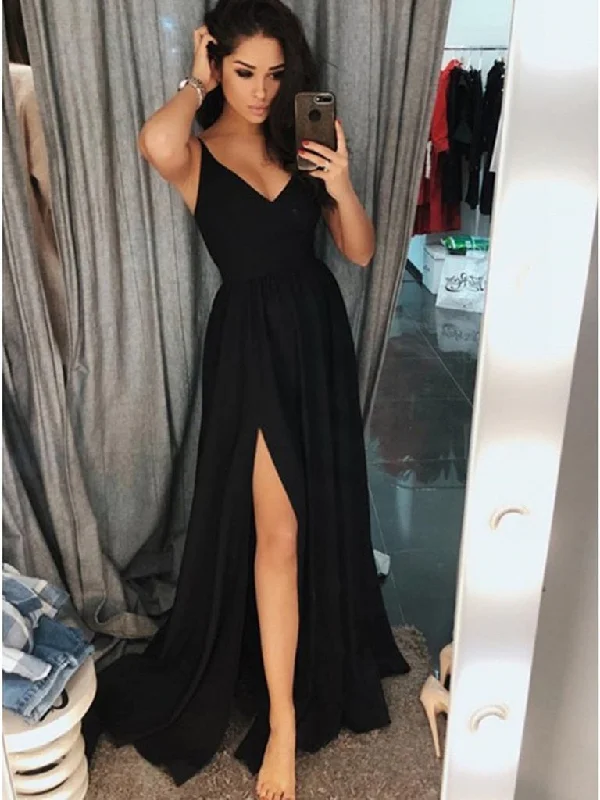 A Line V Neck Black Prom Dresses with Side Slit, Black Formal Dresses, Graduation Dresses, Evening Dresses Monochrome unclassified dresses