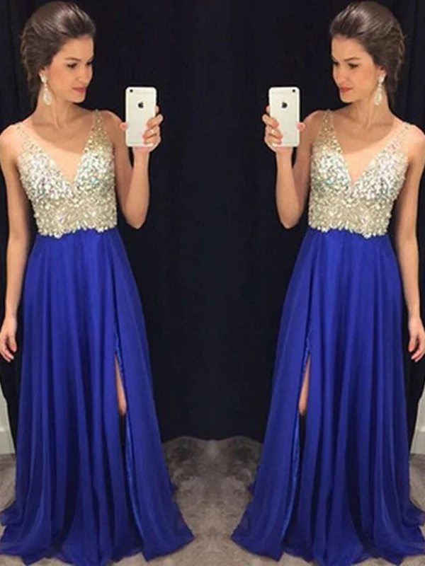 A Line V Neck Blue Prom Dresses, Blue Formal Dresses, Evening Dresses Travel unclassified dresses