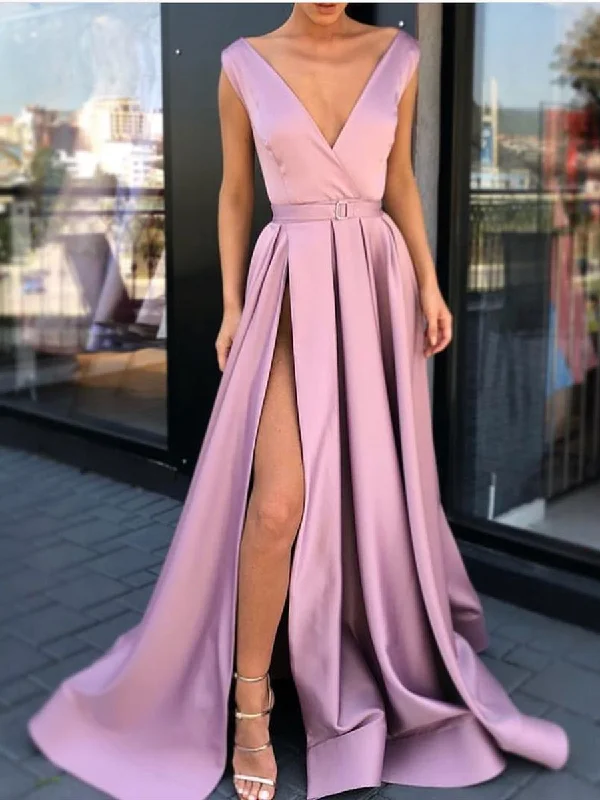 A Line V Neck Satin High Slit Prom Dresses with Belt, V Neck Formal Dresses, Graduation Dresses, Evening Dresses Earthy tone unclassified dresses