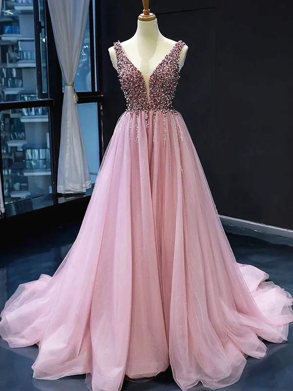 A Line V Neck Pink Prom Dresses with Corset Back, Pink V Neck Formal Bridesmaid Dresses Embroidered unclassified dresses