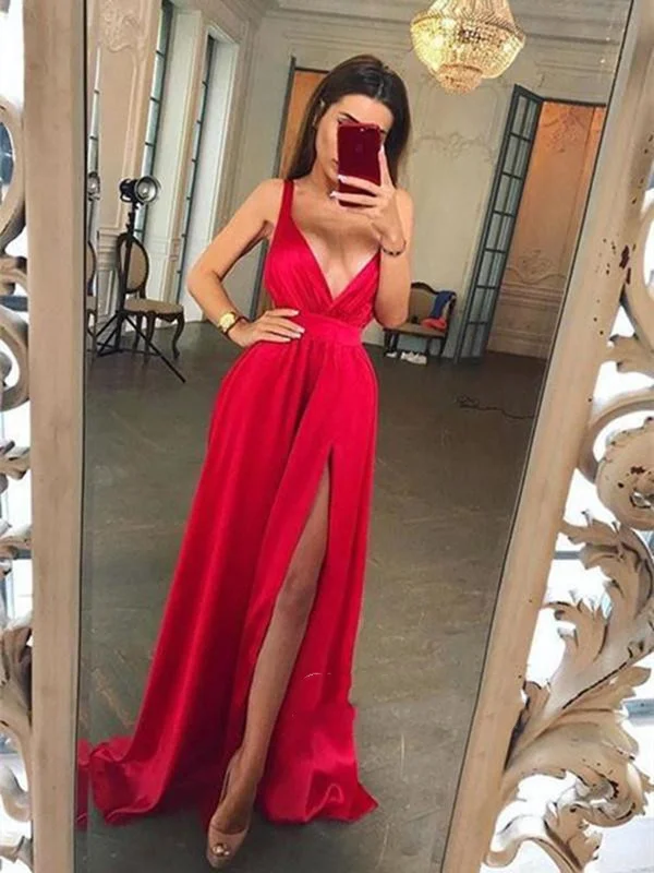 A Line V Neck Red Prom Dress With Slit, V Neck Red Formal Dress, Red V Neck Bridesmaid Dress Ruffled unclassified dresses