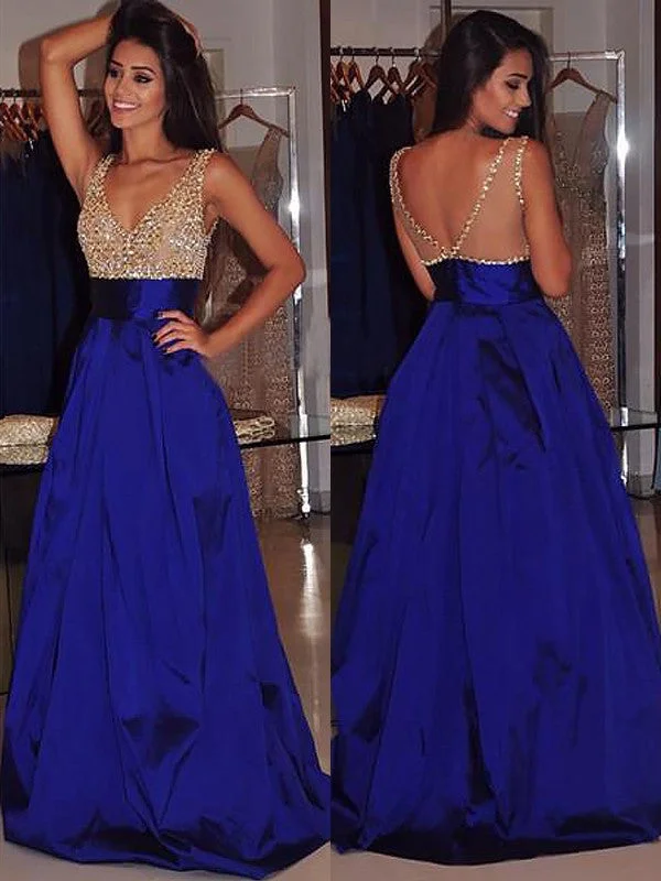 A Line V Neck Sleeveless Sweep Train Royal Blue Prom Dress, Royal Blue Formal Dress Neutral tone unclassified dresses