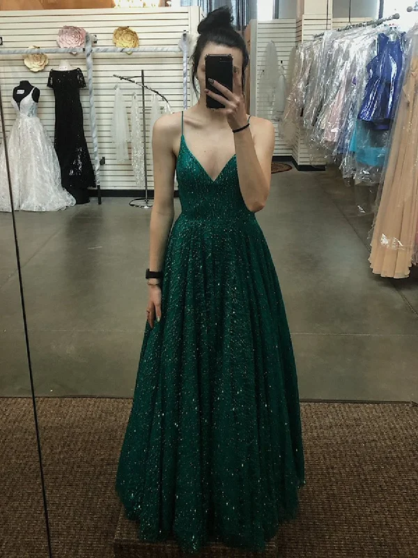 A Line V Neck Spaghetti Straps Backless Dark Green Prom Dresses, Dark Green Formal Dresses, Evening Dresses Trendy new unclassified dresses