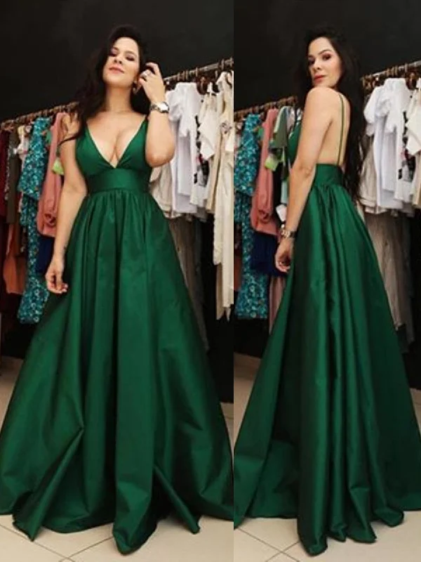 A Line V Neck Spaghetti Straps Backless Satin Dark Green Prom Dresses with Pockets, Dark Green Backless Formal Dresses, Evening Dresses High-end unclassified dresses