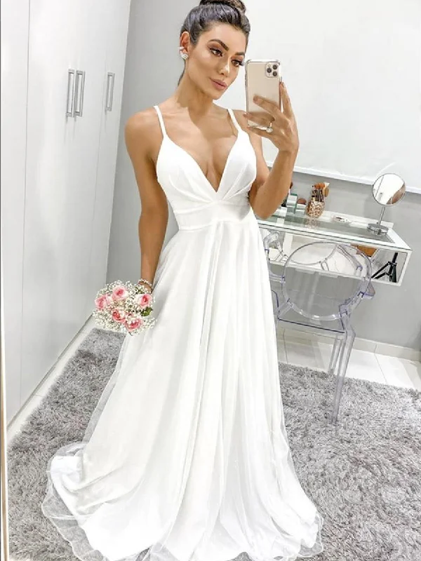 A Line V Neck Spaghetti Straps Backless White Prom Dresses, Backless White Formal Graduation Evening Dresses Holiday unclassified dresses