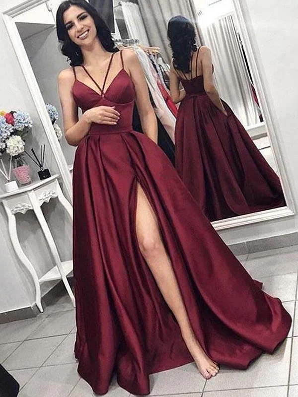 A Line V Neck Spaghetti Straps Satin Burgundy Prom Dresses with Pockets, Burgundy Formal Dresses with Slit, Evening Dresses Fashionable unclassified dresses