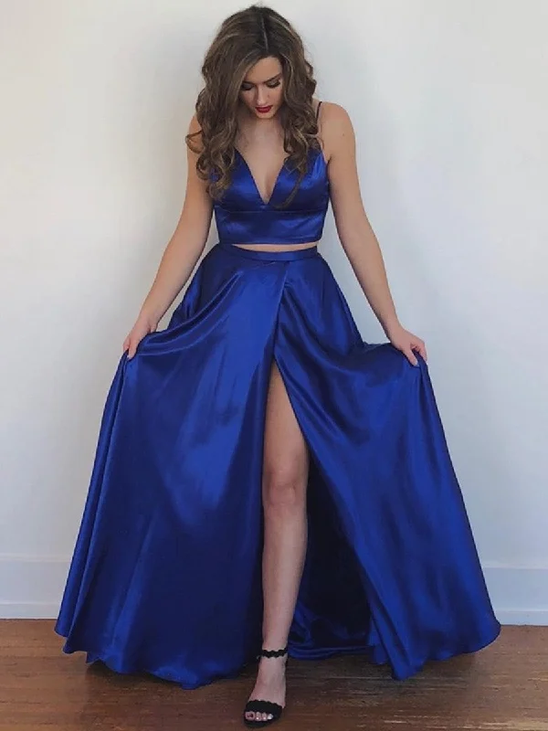 A Line V Neck Two Pieces Backless Royal Blue/Yellow Prom Dresses with High Slit, Two Pieces Royal Blue Formal Dresses, Backless Evening Dresses Lace unclassified dresses