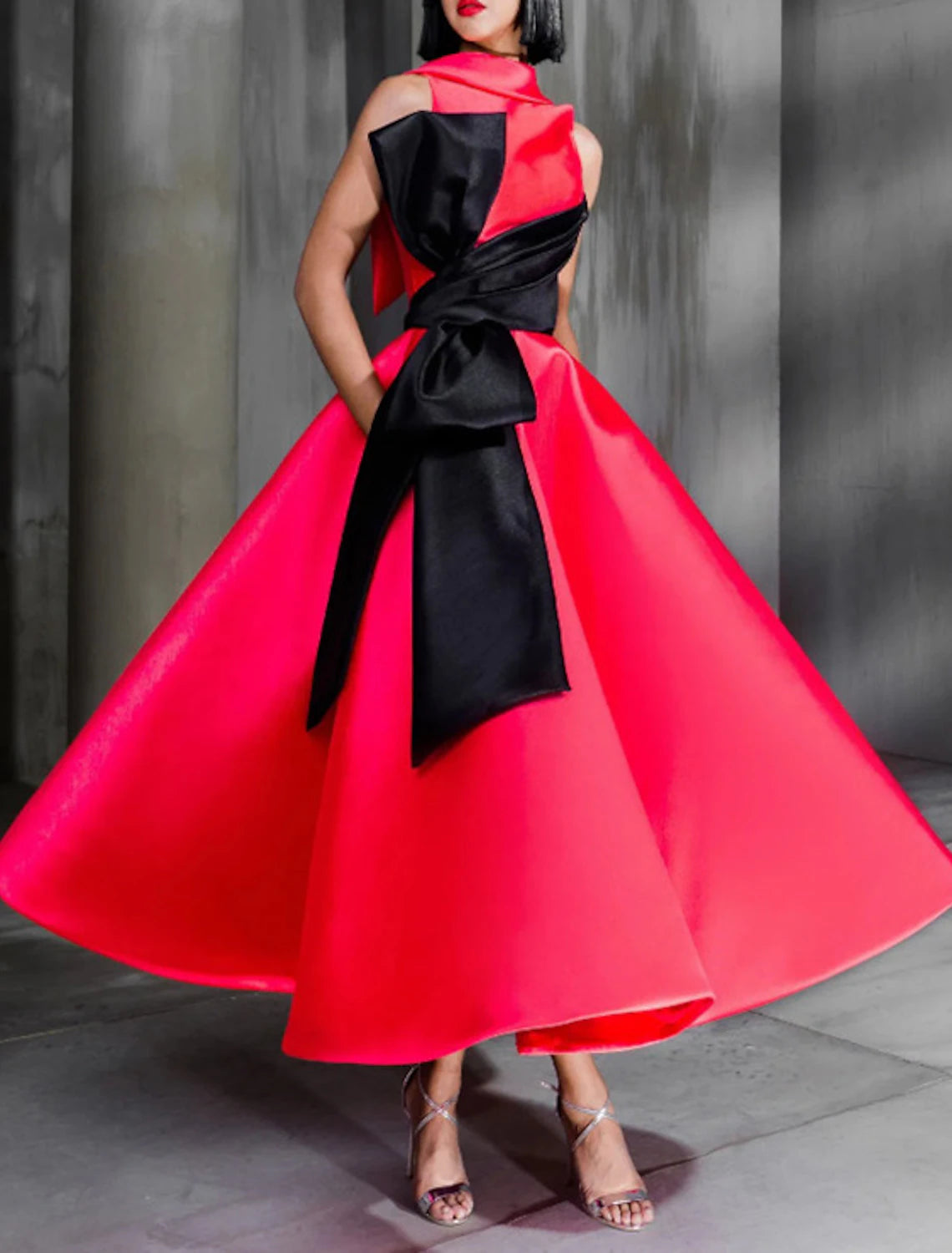 Ball Gown Color Block Celebrity Style Elegant Prom Formal Evening Birthday Dress Christmas Red Green Dress High Neck Sleeveless Ankle Length Satin with Bow(s) Sleeveless unclassified dresses