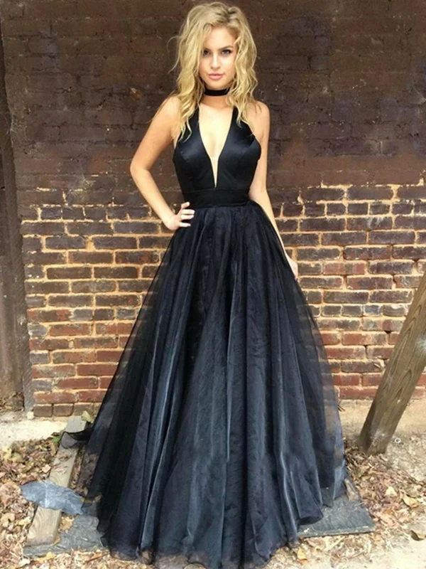 Black A Line Deep V Neck Prom Dress with Train, Black V Neck Graduation Dress, Formal Dress Smocked unclassified dresses