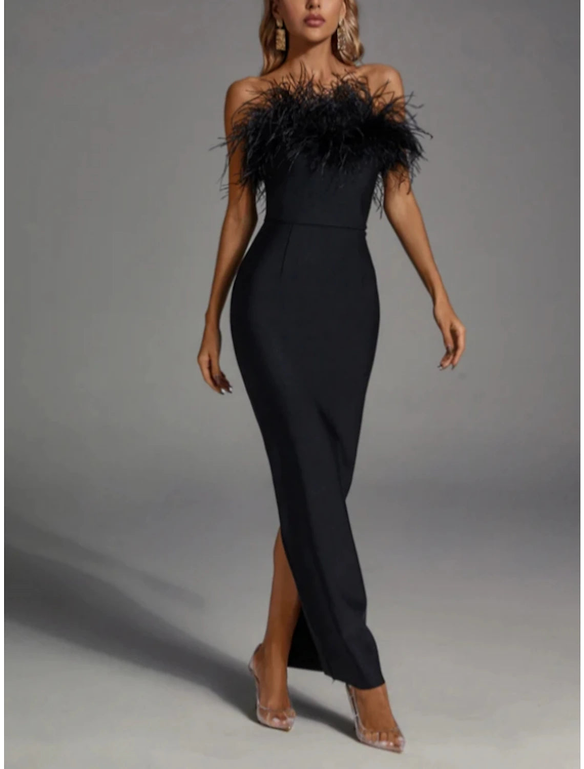 Black Sheath / Column Evening Gown Elegant Dress Formal Fall Ankle Length Sleeveless Strapless Stretch Fabric with Feather Slit Long sleeve unclassified dresses