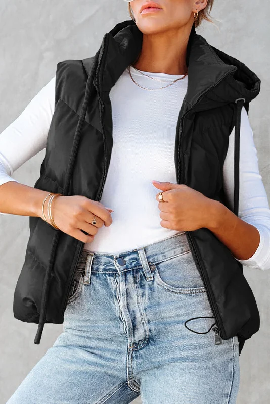 Black Sleek Quilted Puffer Hooded Vest Coat Ruched unclassified dresses