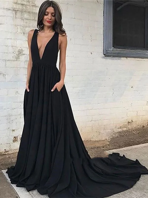 Black V Neck Backless Prom Dress with Train, Black Backless Formal Dress, Graduation Dresses Spring unclassified dresses