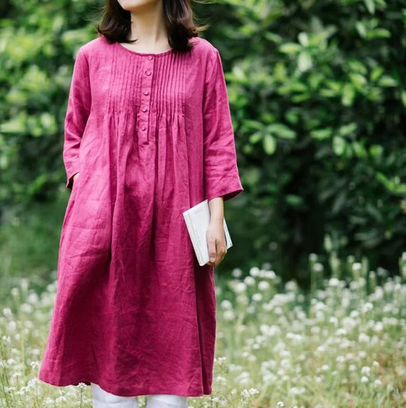 Rose Red 100% Linen Women Dresses Half Sleeves Summer Women Dresses XH9527 Boho unclassified dresses