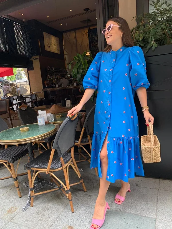 Blue Floral Embroidered Balloon Sleeve Dress Short floral dresses