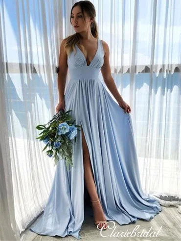 Blue V-neck Jersey Side Slit A-line Bridesmaid Dresses Everyday wear unclassified dresses