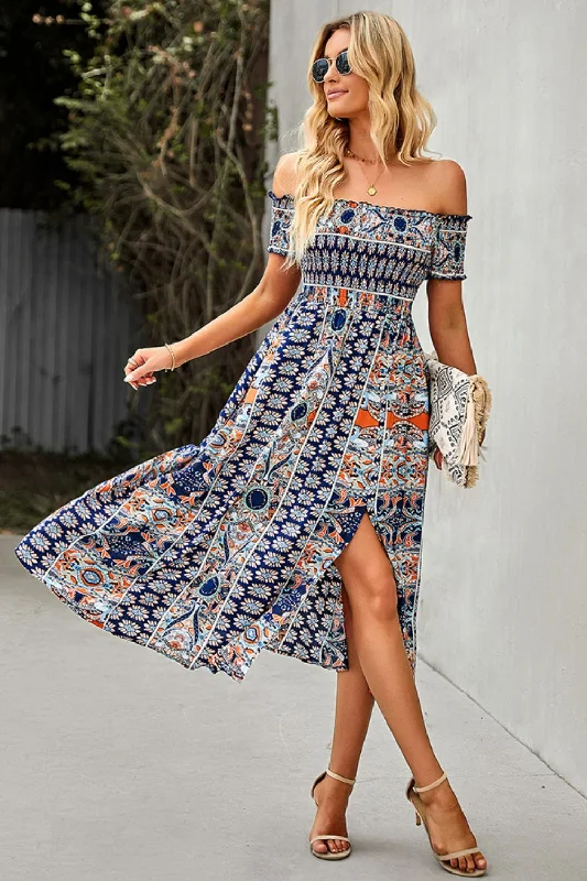 Bohemian Off-Shoulder Frill Trim Split Dress Graduation unclassified dresses