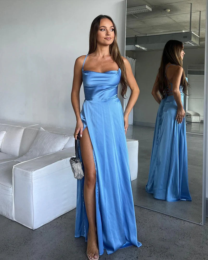 Bridesmaid Dresses A Line Cowl Neck Blue Silk  with Slit Lounge unclassified dresses