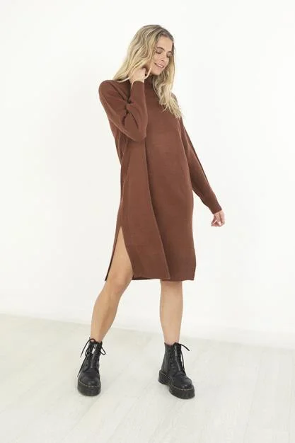 BROWN SIDE SPLIT DETAIL JERSEY KNIT JUMPER DRESS Sexy unclassified dresses