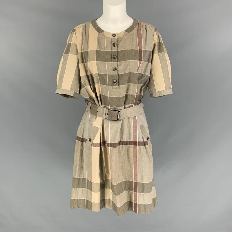 BURBERRY BRIT Size 12 Olive Beige Cotton &  Nylon Plaid Belted Dress Beach unclassified dresses