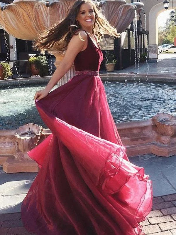 Burgundy V Neck Floor Length Prom Dress, Burgundy Formal Dress, Maroon Evening Dress Y2K unclassified dresses