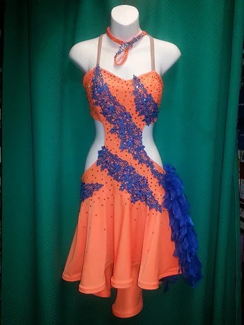 Charmaine -- Blue Orange Camisole Rhythm Latin Dress -- Blue/Orange with Blue Appliques and Sun and Sun AB Crystals Pastel unclassified dresses