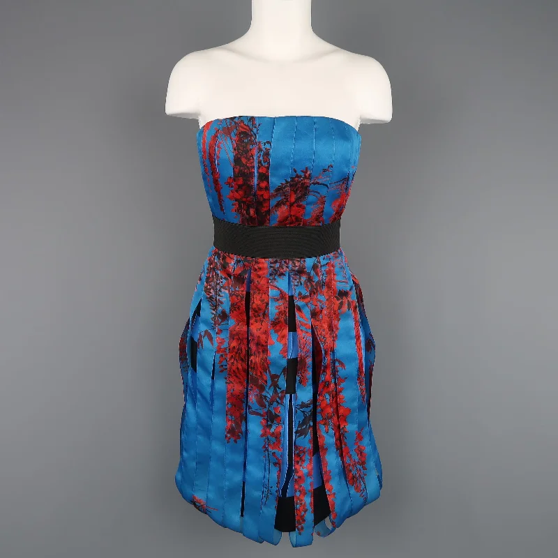 CHRISTIAN DIOR Size 4 Blue & Red Floral Silk Ribbon Bustier Cocktail Dress Boohoo floral dresses