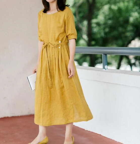 Yellow 100% Linen Women Dresses Half Sleeves Summer Women Dresses XH9527 Monochrome unclassified dresses