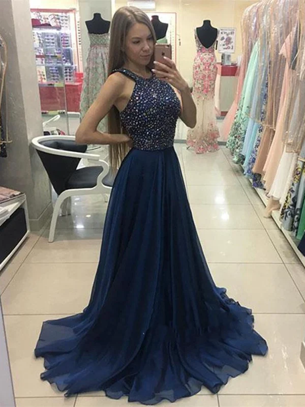 Custom Made A Line Dark Blue Chiffon Prom Dresses With Beads, Dark Blue Formal Dresses Smocked unclassified dresses