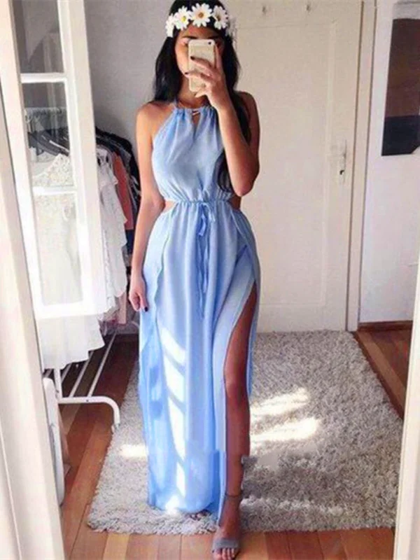 Custom Made A Line Round Neck Light Blue Chiffon Prom Dresses, Light Blue Formal Dresses Designer unclassified dresses