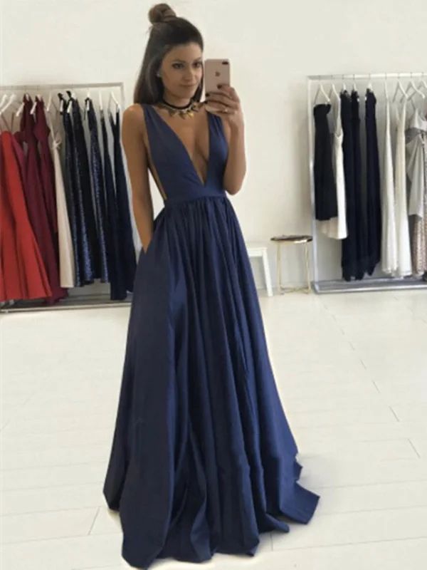 Custom Made Deep V Neck And V Back Dark Blue Prom Dresses, Dark Blue Formal Dresses Lounge unclassified dresses