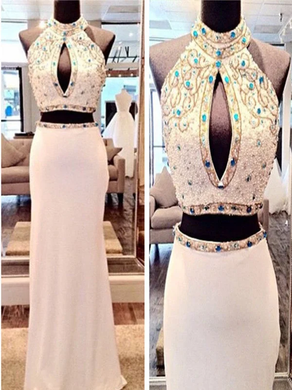 Custom Made Round Neck 2 Pieces White Prom Dresses, 2 Pieces White Formal Dresses Bold pattern unclassified dresses