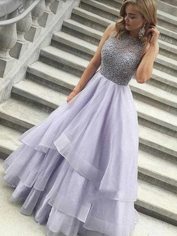 Custom Made Round Neck Floor Length Grey Prom Dresses, Gorgeous Evening Dresses Color block unclassified dresses