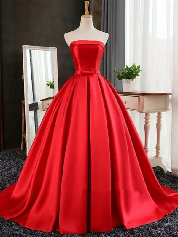 Custom Made Simple Ball Gown Strapless Sweep Train Red Ruched Prom Dress With Bow Wedding guest unclassified dresses