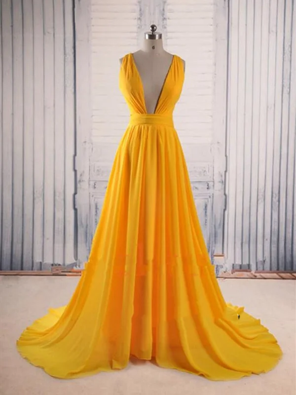 Custom Made Yellow V Neck Prom Dress with Sweep Train, Yellow Formal Dress, Evening Dress Plus size unclassified dresses