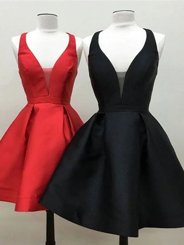 Cute Deep V Neck Black Dresses Red Homecoming Dresses, Sexy Black Prom Dresses Ruffled unclassified dresses