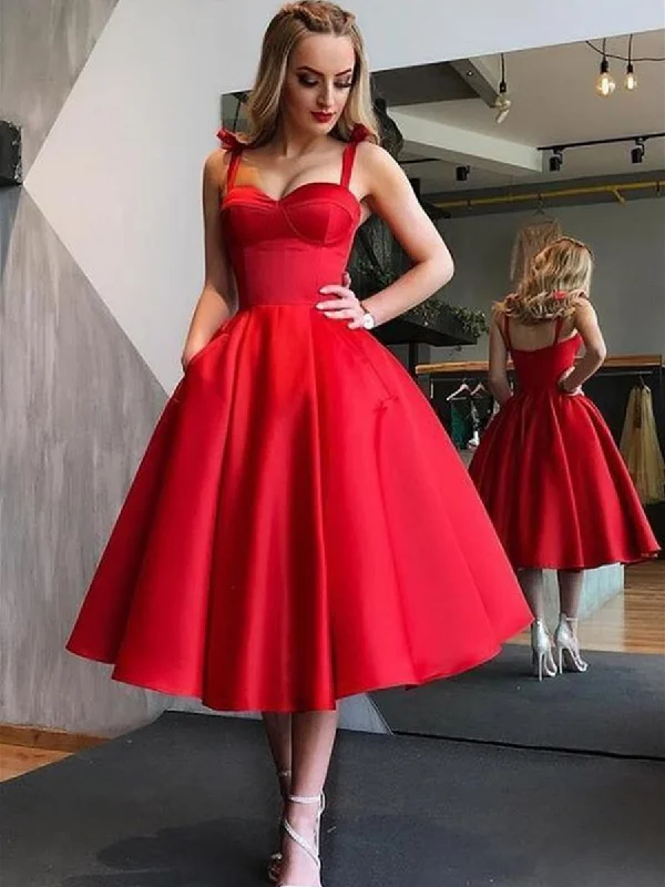 Cute Red Spaghetti Straps Backless Stain Pleated Homecoming Dresses with Pocket, Red Tea Length Prom Dresses, Formal Dresses Mesh unclassified dresses