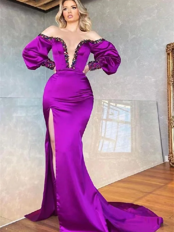 Deep V-neck Bubble Sleeves Soft Satin Prom Dresses With Gorgeous Rhinestone Neckline, Mermaid Prom Dresses, 2023 Prom Dresses Floral unclassified dresses