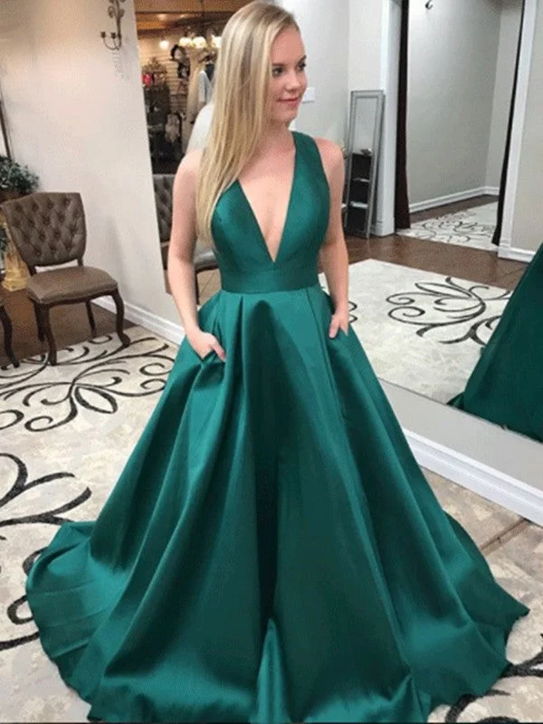 Deep V Neck Dark Green Prom Dresses With Pockets, Dark Green Formal Dresses Holiday unclassified dresses