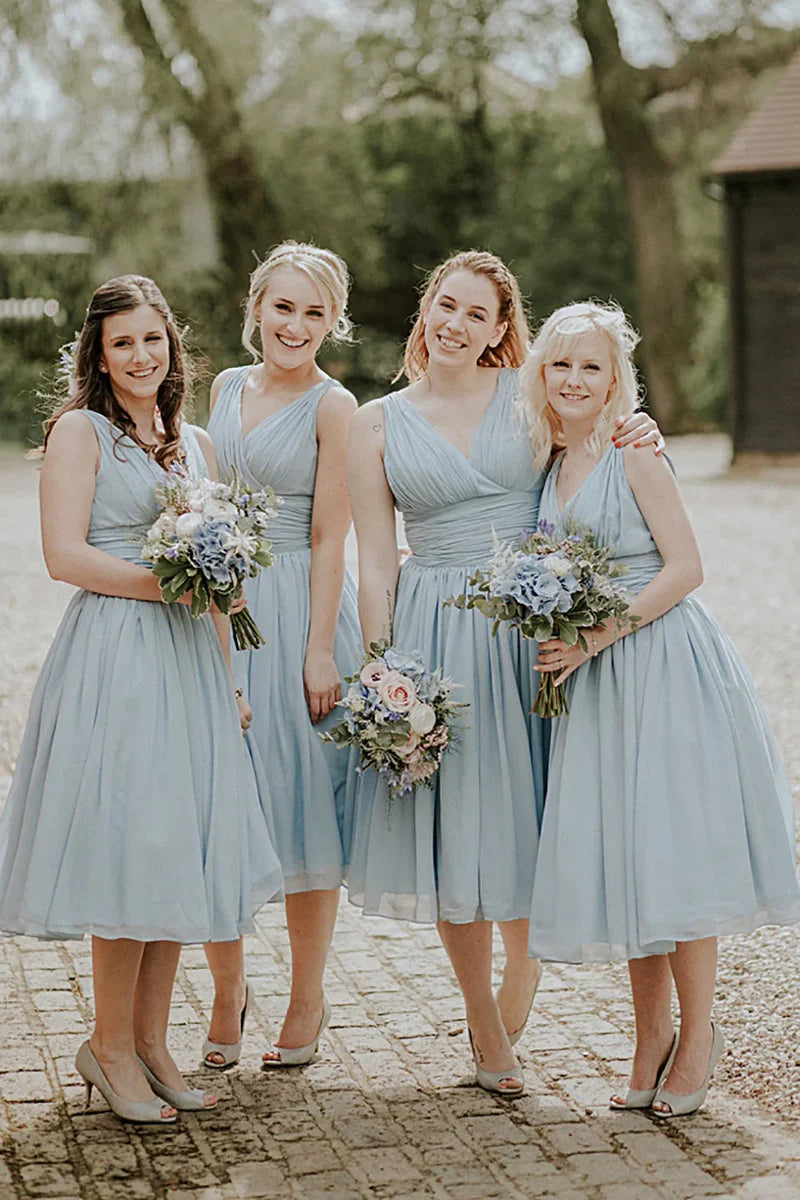 Dusty Blue A-Line Mid-Calf Ruched Chiffon Bridesmaid Dress Holiday unclassified dresses