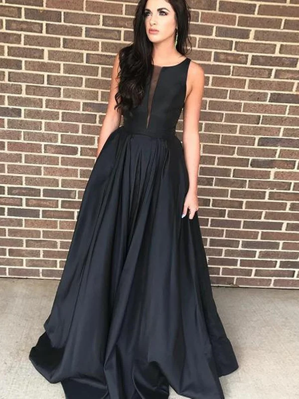 Elegant A Line Satin Black Prom Dresses, Black Formal Dresses, Black Evening Dresses Tiered unclassified dresses