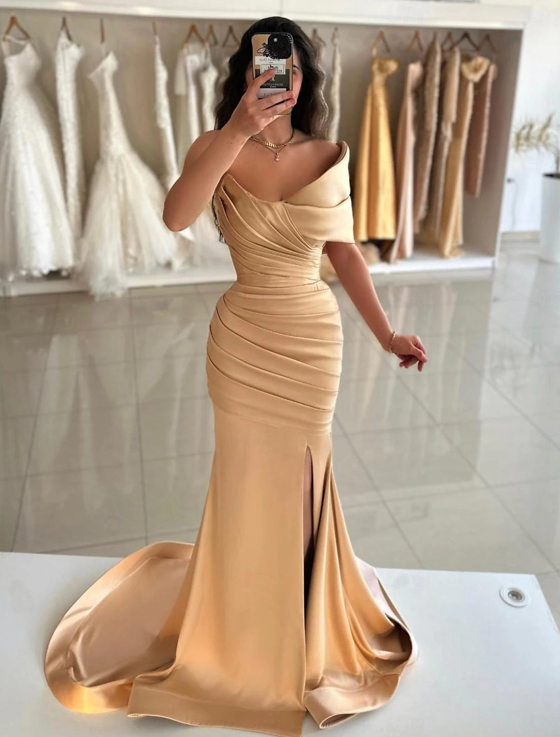 Elegant Dress Formal Prom Floor Length Sleeveless Off Shoulder Satin with Ruched Slit Prom Dresses Club unclassified dresses