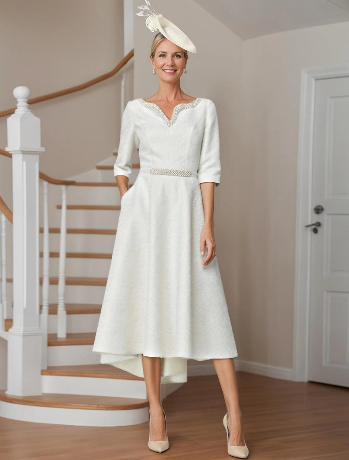 Elegant High Low V Neck Asymmetrical Length Polyester 3/4 Length Sleeve with Pearls Mother of the Bride Dress Satin unclassified dresses