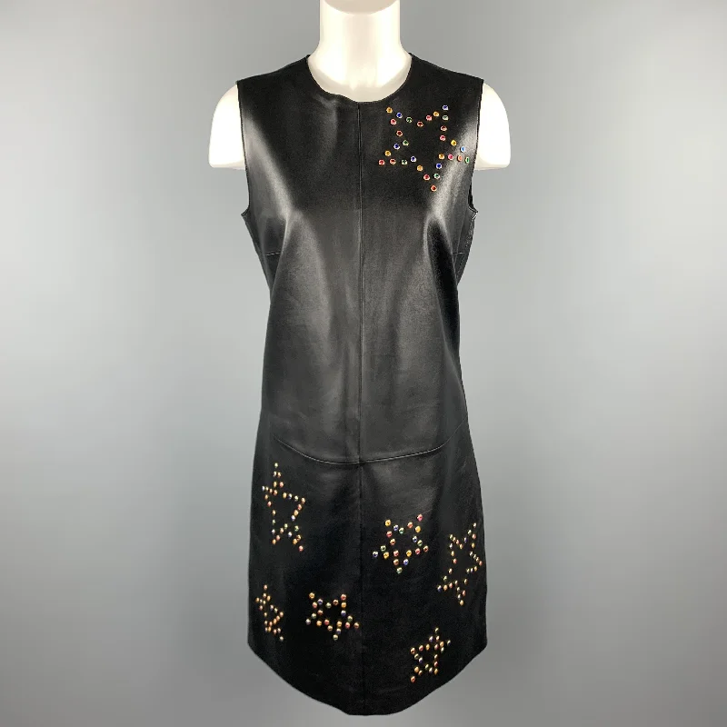 ESCADA Size 6 Black Leather Colored Gem Star Studded Shift Dress Color block unclassified dresses